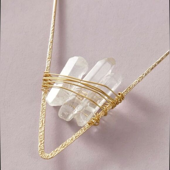 Crystal Quartz Stone Gold Geometric Triangle Hoop Statement Earrings - Picture 4 of 14